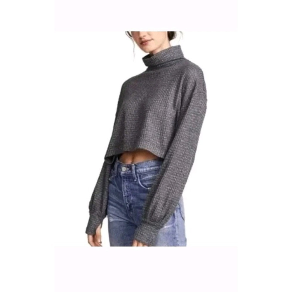 Free People Women's Gray Cropped Mock Neck Waffle Knit Thermal Sweater Sz S